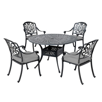 Ensemble de salle à manger rond Saratoga 5 pièces en aluminium avec coussins Sunbrella - Meilleurs meubles de jardin