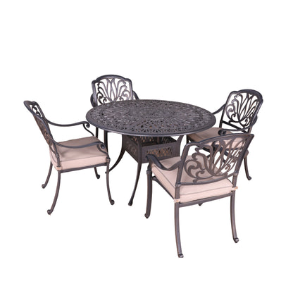 Ensemble de salle à manger rond Saratoga 5 pièces en aluminium avec coussins Sunbrella - Meilleurs meubles de jardin