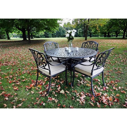 Ensemble de salle à manger rond Saratoga 5 pièces en aluminium avec coussins Sunbrella - Meilleurs meubles de jardin