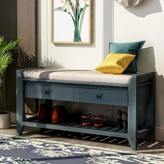 Range-chaussures avec assise rembourrée et tiroirs, banc de rangement multifonctionnel, bleu marine antique - 99L x 35W x 50H (cm)