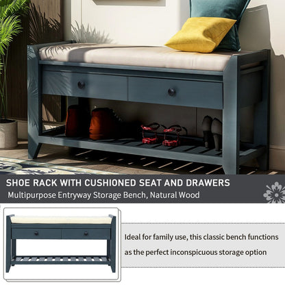 Range-chaussures avec assise rembourrée et tiroirs, banc de rangement multifonctionnel, bleu marine antique - 99L x 35W x 50H (cm)