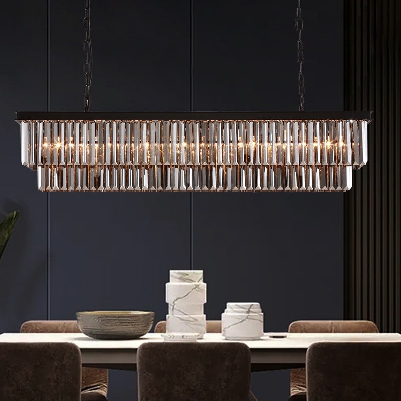 Luminaire suspendu à 2 niveaux pour îlot de cuisine, style moderne et contemporain, avec cristaux, gris fumé et noir, 47 po.