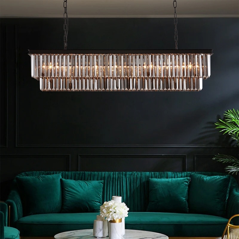 Luminaire suspendu à 2 niveaux pour îlot de cuisine, style moderne et contemporain, avec cristaux, gris fumé et noir, 47 po.