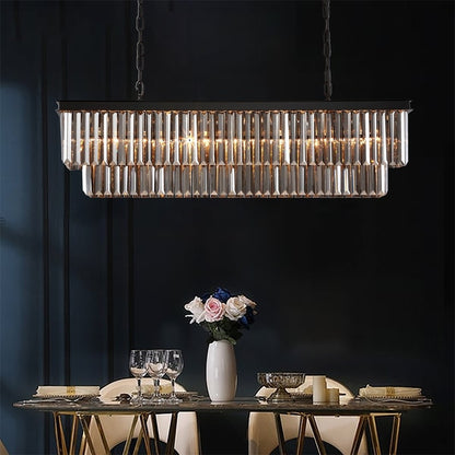 Luminaire suspendu à 2 niveaux pour îlot de cuisine, style moderne et contemporain, avec cristaux, gris fumé et noir, 47 po.