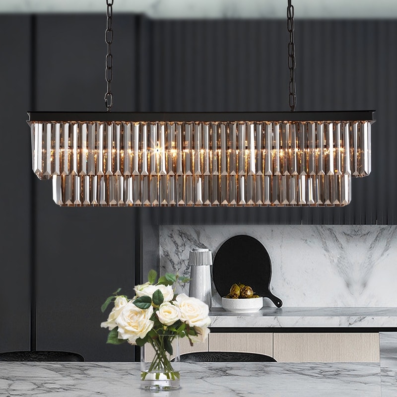 Luminaire suspendu à 2 niveaux pour îlot de cuisine, style moderne et contemporain, avec cristaux, gris fumé et noir, 47 po.