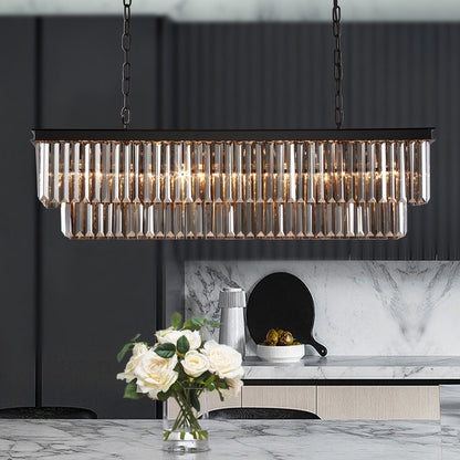 Luminaire suspendu à 2 niveaux pour îlot de cuisine, style moderne et contemporain, avec cristaux, gris fumé et noir, 47 po.