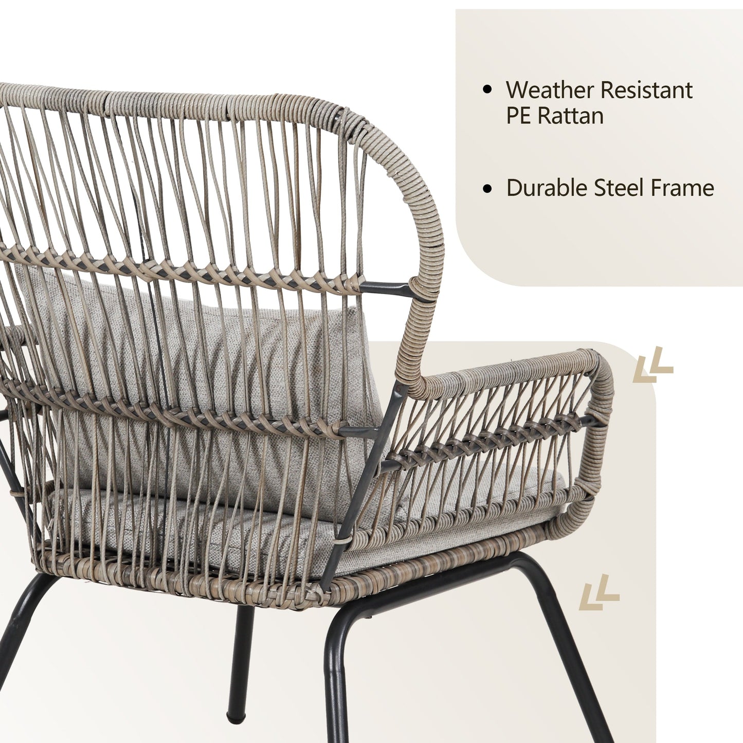 Ensemble de bistro en osier pour extérieur, 3 pièces, ensemble de chaises de patio en rotin résistant aux intempéries avec coussins.
