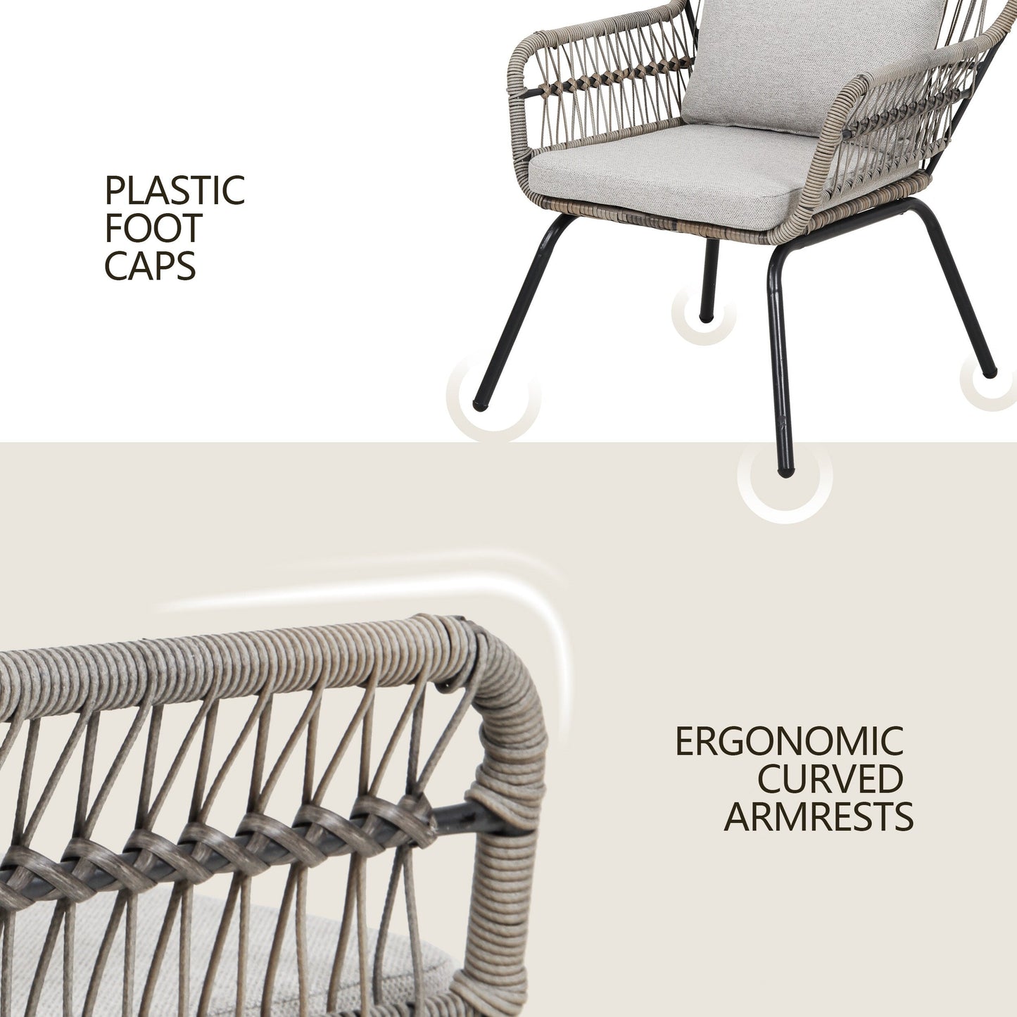Ensemble de bistro en osier pour extérieur, 3 pièces, ensemble de chaises de patio en rotin résistant aux intempéries avec coussins.
