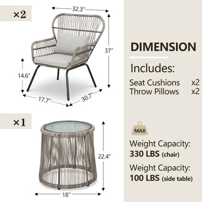 Ensemble de bistro en osier pour extérieur, 3 pièces, ensemble de chaises de patio en rotin résistant aux intempéries avec coussins.