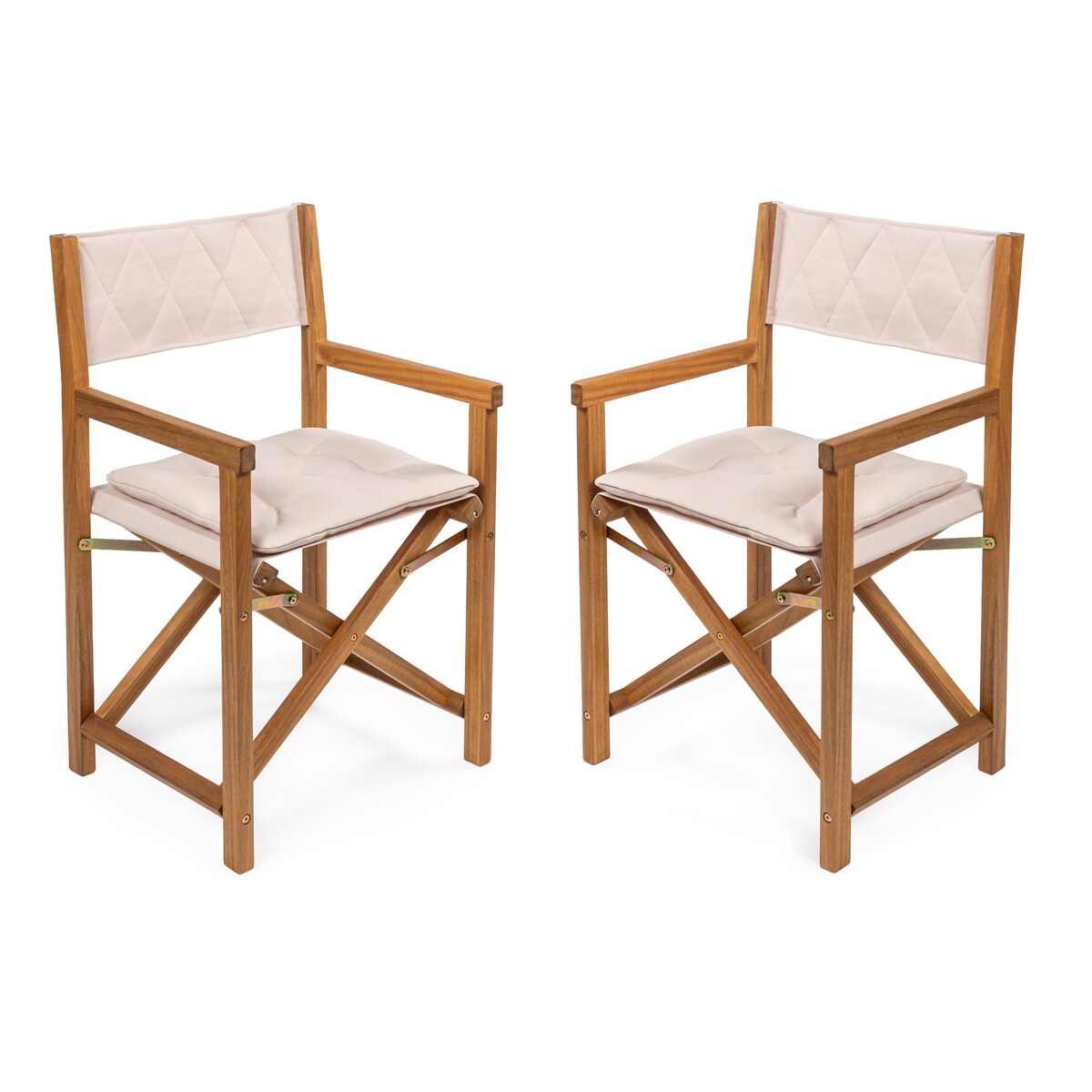 Chaise de réalisateur pliable en bois d'acacia pour extérieur, dossier en losanges matelassés, style milieu de siècle, avec coussin, modèle Theo Classic, par JONATHAN Y (lot de 2)