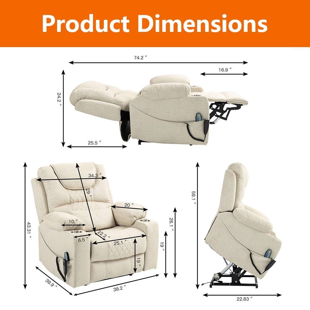 Chaise inclinable à levage électrique améliorée, modèle phare, à double moteur, avec contrôle indépendant, surdimensionnée, inclinable à 180° et à dossier plat.