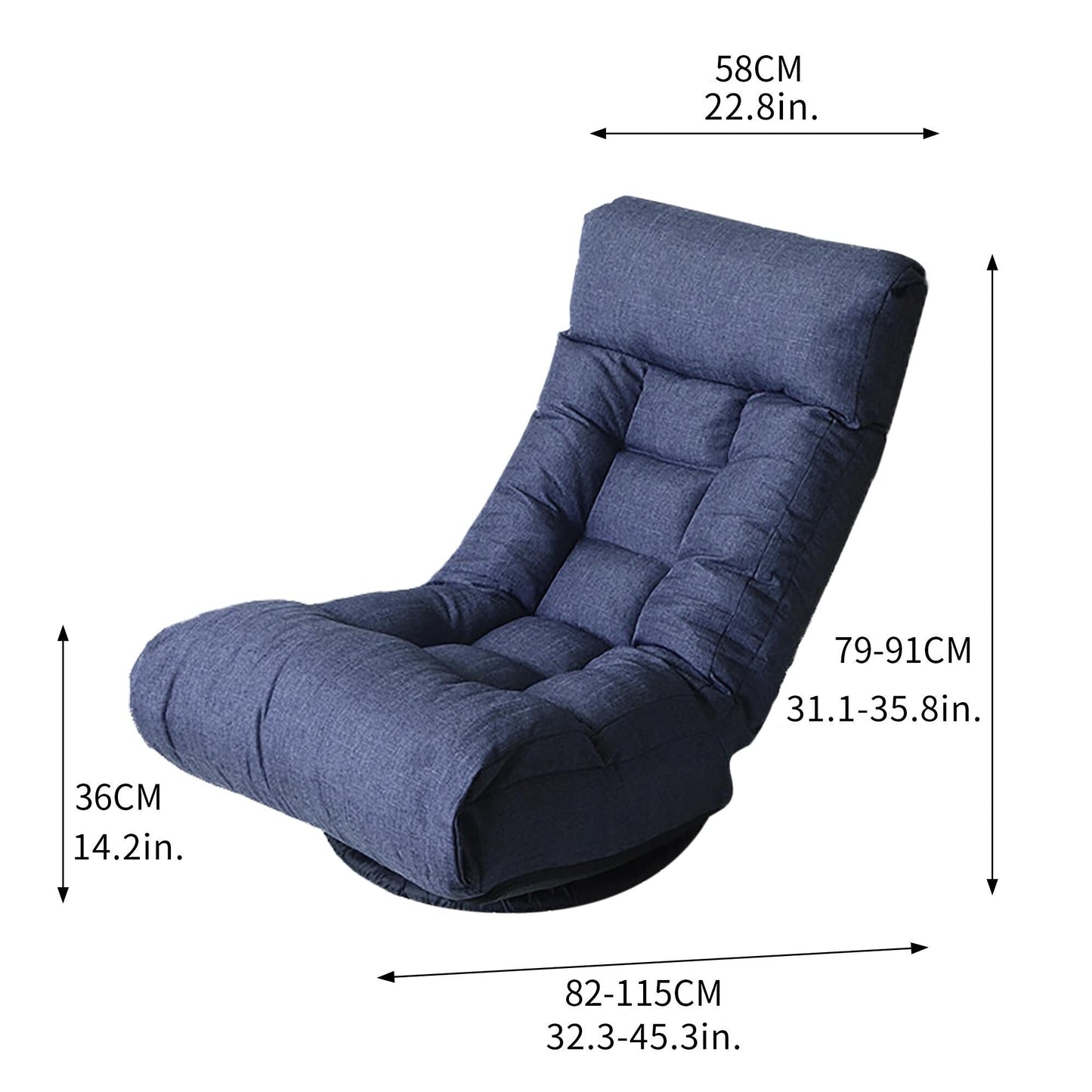 Ensemble de fauteuil inclinable sans accoudoirs, recouvert de tissu, avec repose-pieds et appuie-tête réglable.