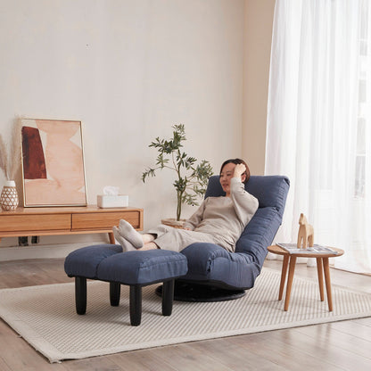 Ensemble de fauteuil inclinable sans accoudoirs, recouvert de tissu, avec repose-pieds et appuie-tête réglable.
