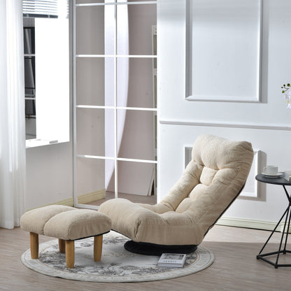 Ensemble de fauteuil inclinable sans accoudoirs, recouvert de tissu, avec repose-pieds et appuie-tête réglable.