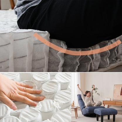 Ensemble de fauteuil inclinable sans accoudoirs, recouvert de tissu, avec repose-pieds et appuie-tête réglable.