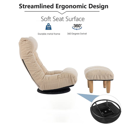 Ensemble de fauteuil inclinable sans accoudoirs, recouvert de tissu, avec repose-pieds et appuie-tête réglable.