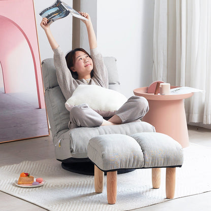 Ensemble de fauteuil inclinable sans accoudoirs, recouvert de tissu, avec repose-pieds et appuie-tête réglable.