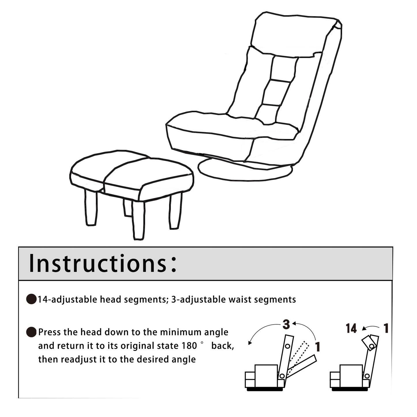 Ensemble de fauteuil inclinable sans accoudoirs, recouvert de tissu, avec repose-pieds et appuie-tête réglable.