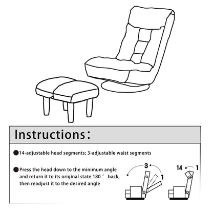 Ensemble de fauteuil inclinable sans accoudoirs, recouvert de tissu, avec repose-pieds et appuie-tête réglable.