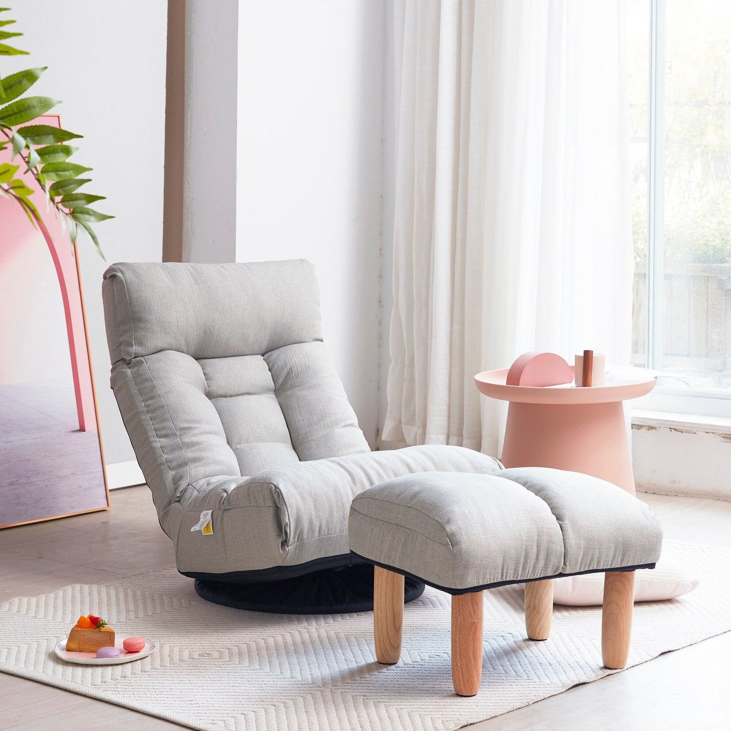 Ensemble de fauteuil inclinable sans accoudoirs, recouvert de tissu, avec repose-pieds et appuie-tête réglable.