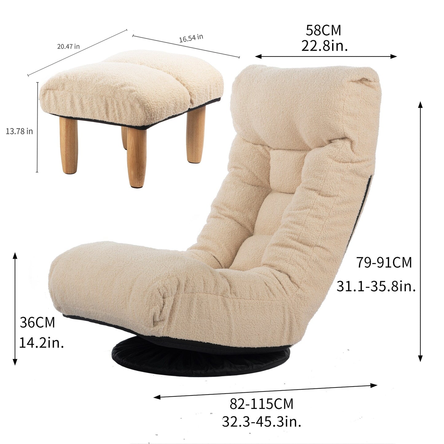 Ensemble de fauteuil inclinable sans accoudoirs, recouvert de tissu, avec repose-pieds et appuie-tête réglable.