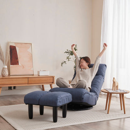 Ensemble de fauteuil inclinable sans accoudoirs, recouvert de tissu, avec repose-pieds et appuie-tête réglable.