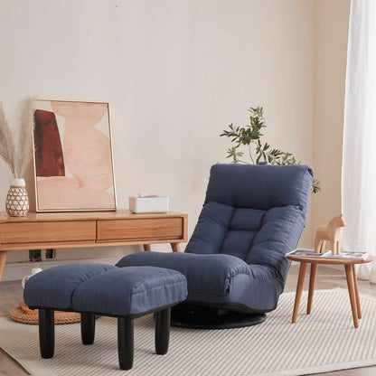 Ensemble de fauteuil inclinable sans accoudoirs, recouvert de tissu, avec repose-pieds et appuie-tête réglable.