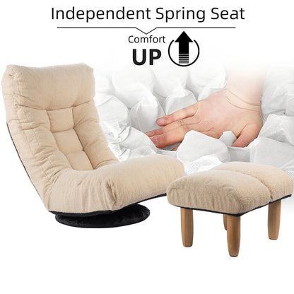 Ensemble de fauteuil inclinable sans accoudoirs, recouvert de tissu, avec repose-pieds et appuie-tête réglable.