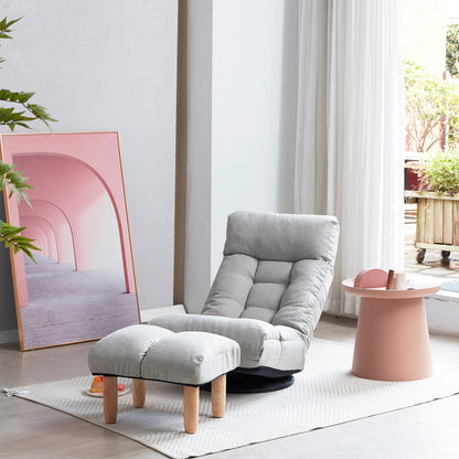 Ensemble de fauteuil inclinable sans accoudoirs, recouvert de tissu, avec repose-pieds et appuie-tête réglable.