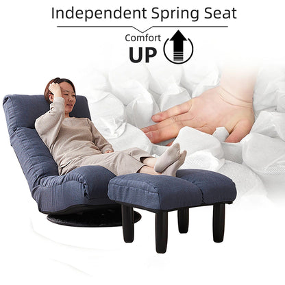 Ensemble de fauteuil inclinable sans accoudoirs, recouvert de tissu, avec repose-pieds et appuie-tête réglable.