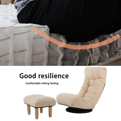 Ensemble de fauteuil inclinable sans accoudoirs, recouvert de tissu, avec repose-pieds et appuie-tête réglable.