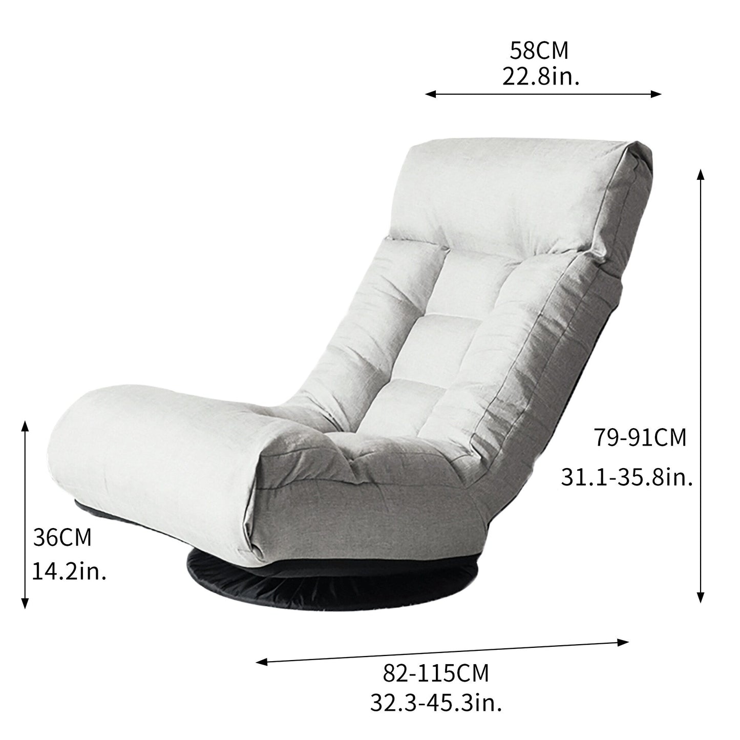 Ensemble de fauteuil inclinable sans accoudoirs, recouvert de tissu, avec repose-pieds et appuie-tête réglable.