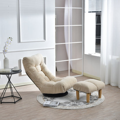 Ensemble de fauteuil inclinable sans accoudoirs, recouvert de tissu, avec repose-pieds et appuie-tête réglable.