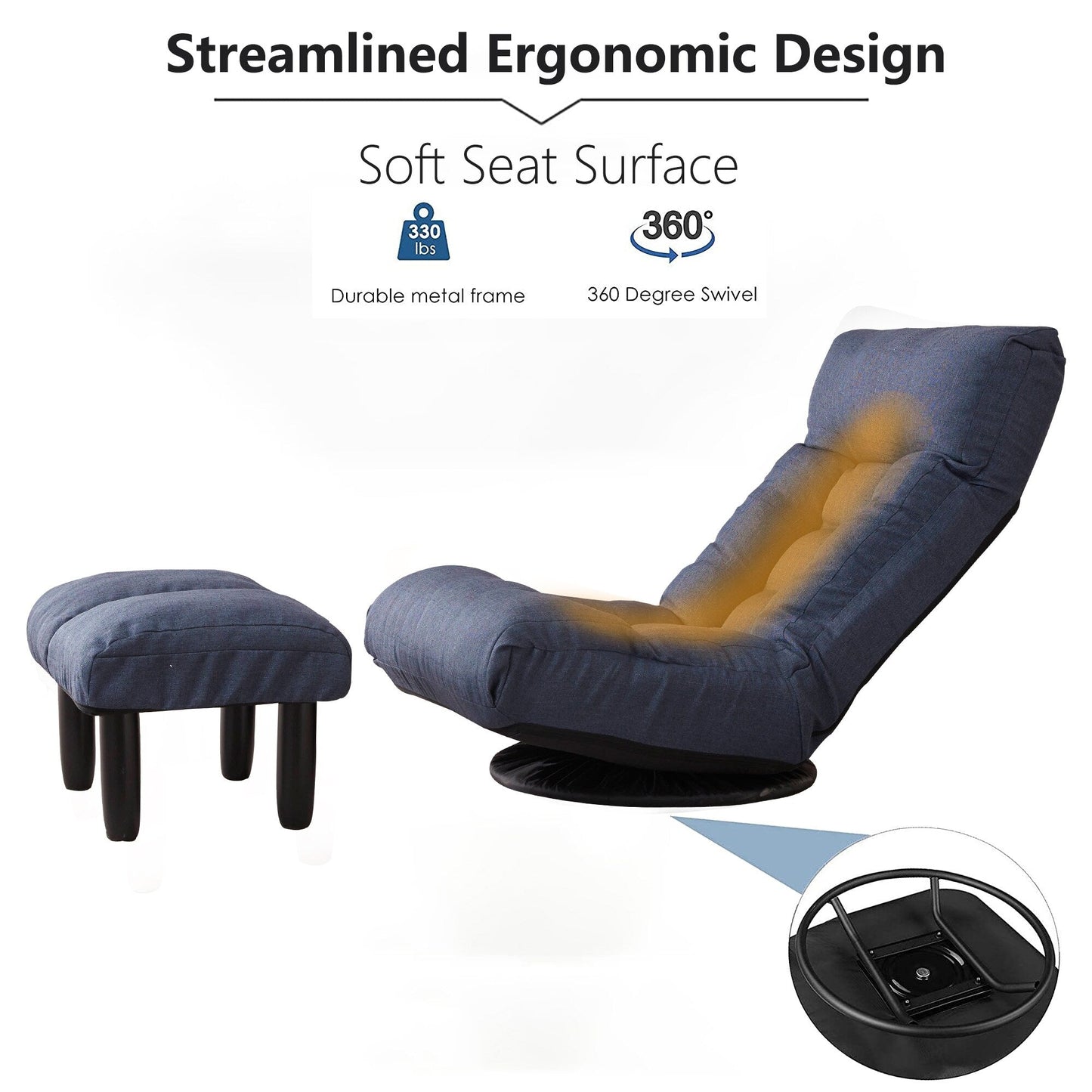 Ensemble de fauteuil inclinable sans accoudoirs, recouvert de tissu, avec repose-pieds et appuie-tête réglable.