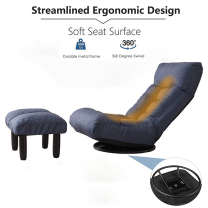 Ensemble de fauteuil inclinable sans accoudoirs, recouvert de tissu, avec repose-pieds et appuie-tête réglable.