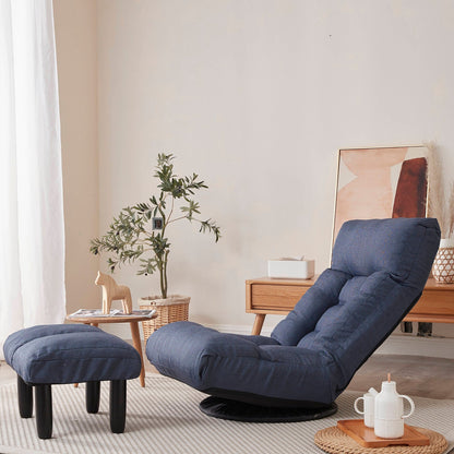 Ensemble de fauteuil inclinable sans accoudoirs, recouvert de tissu, avec repose-pieds et appuie-tête réglable.