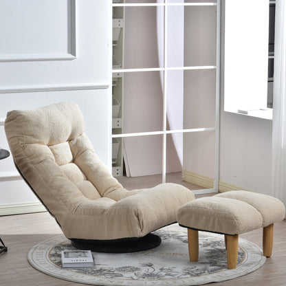 Ensemble de fauteuil inclinable sans accoudoirs, recouvert de tissu, avec repose-pieds et appuie-tête réglable.