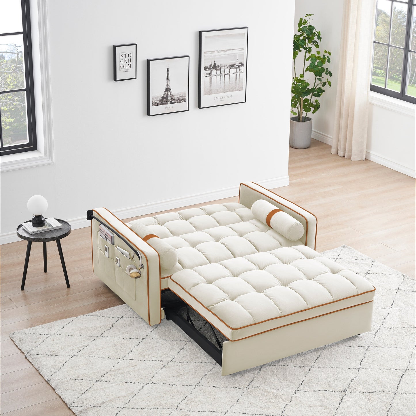Canapé-lit convertible en velours de 139 cm (55 pouces) à 2 places avec lit escamotable, dossier inclinable, poches latérales et porte-téléphone.