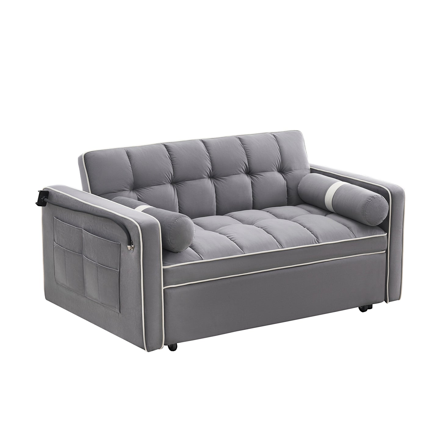 Canapé-lit convertible en velours de 139 cm (55 pouces) à 2 places avec lit escamotable, dossier inclinable, poches latérales et porte-téléphone.