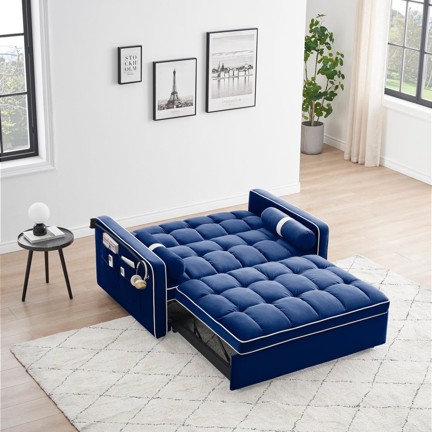 Canapé-lit convertible en velours de 139 cm (55 pouces) à 2 places avec lit escamotable, dossier inclinable, poches latérales et porte-téléphone.