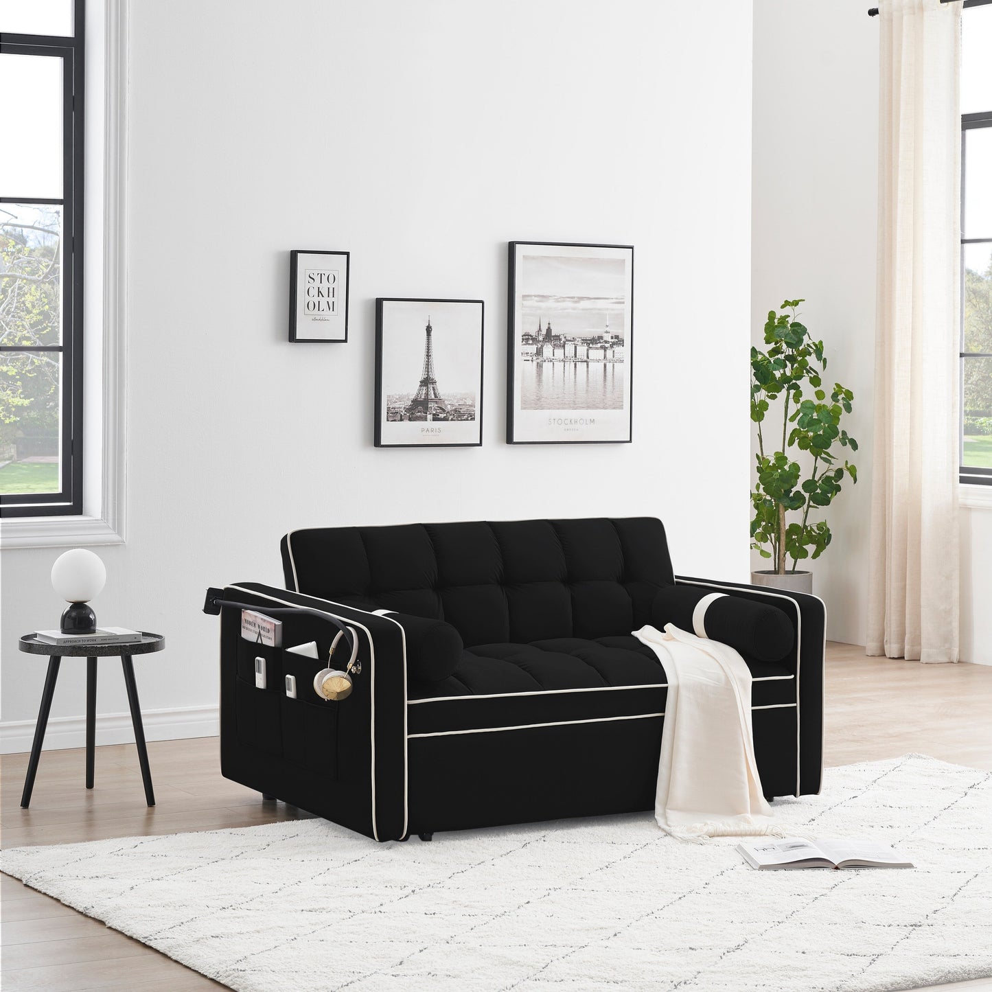 Canapé-lit convertible en velours de 139 cm (55 pouces) à 2 places avec lit escamotable, dossier inclinable, poches latérales et porte-téléphone.