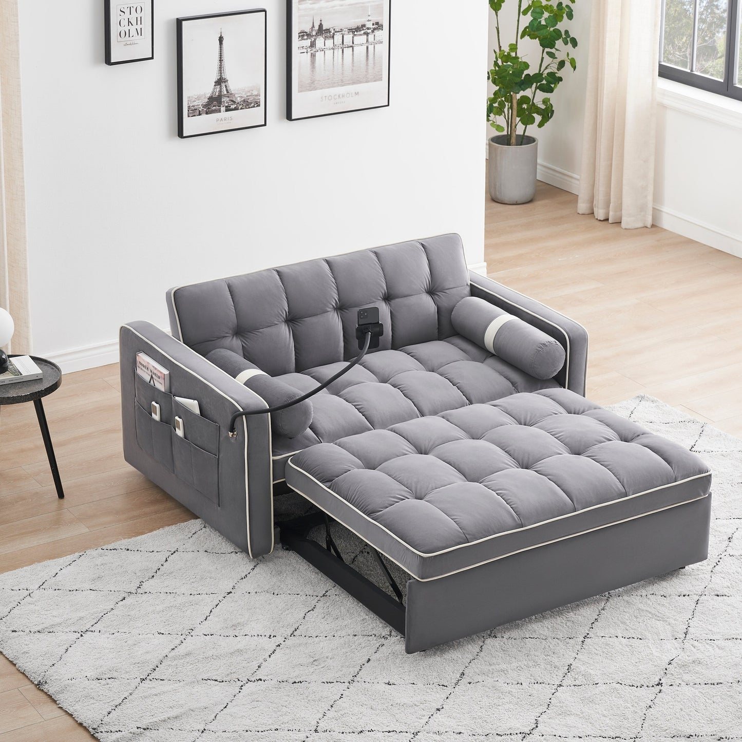 Canapé-lit convertible en velours de 139 cm (55 pouces) à 2 places avec lit escamotable, dossier inclinable, poches latérales et porte-téléphone.