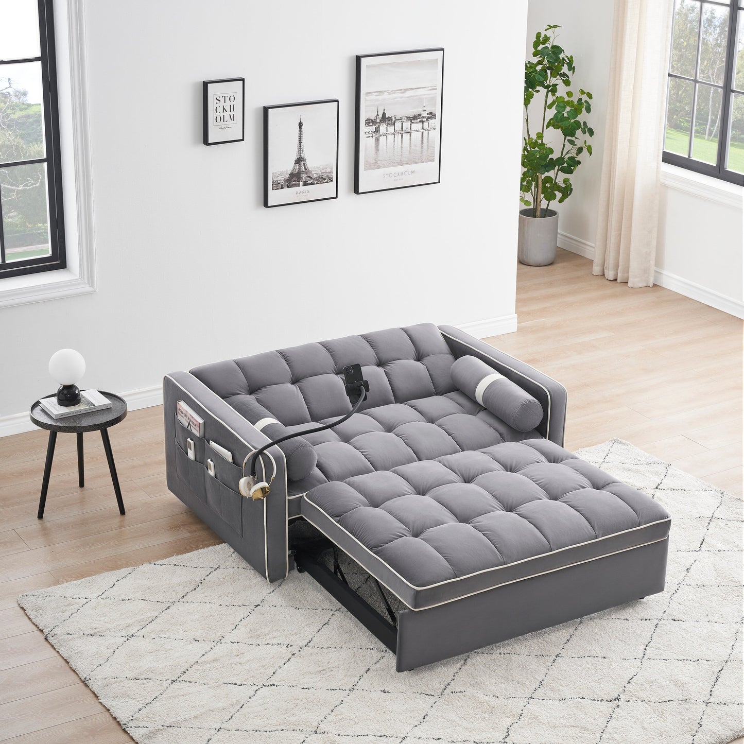 Canapé-lit convertible en velours de 139 cm (55 pouces) à 2 places avec lit escamotable, dossier inclinable, poches latérales et porte-téléphone.