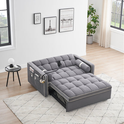 Canapé-lit convertible en velours de 139 cm (55 pouces) à 2 places avec lit escamotable, dossier inclinable, poches latérales et porte-téléphone.