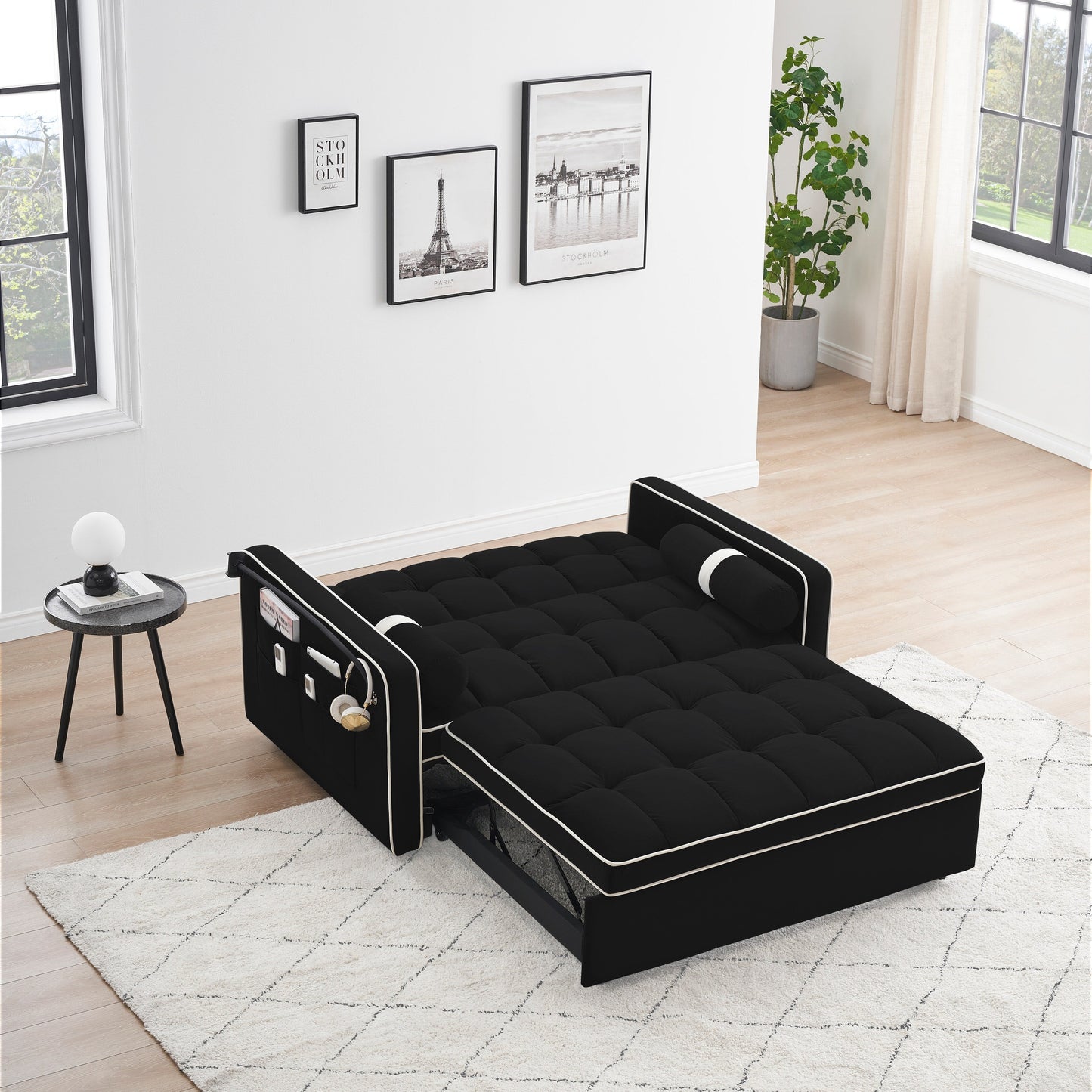 Canapé-lit convertible en velours de 139 cm (55 pouces) à 2 places avec lit escamotable, dossier inclinable, poches latérales et porte-téléphone.