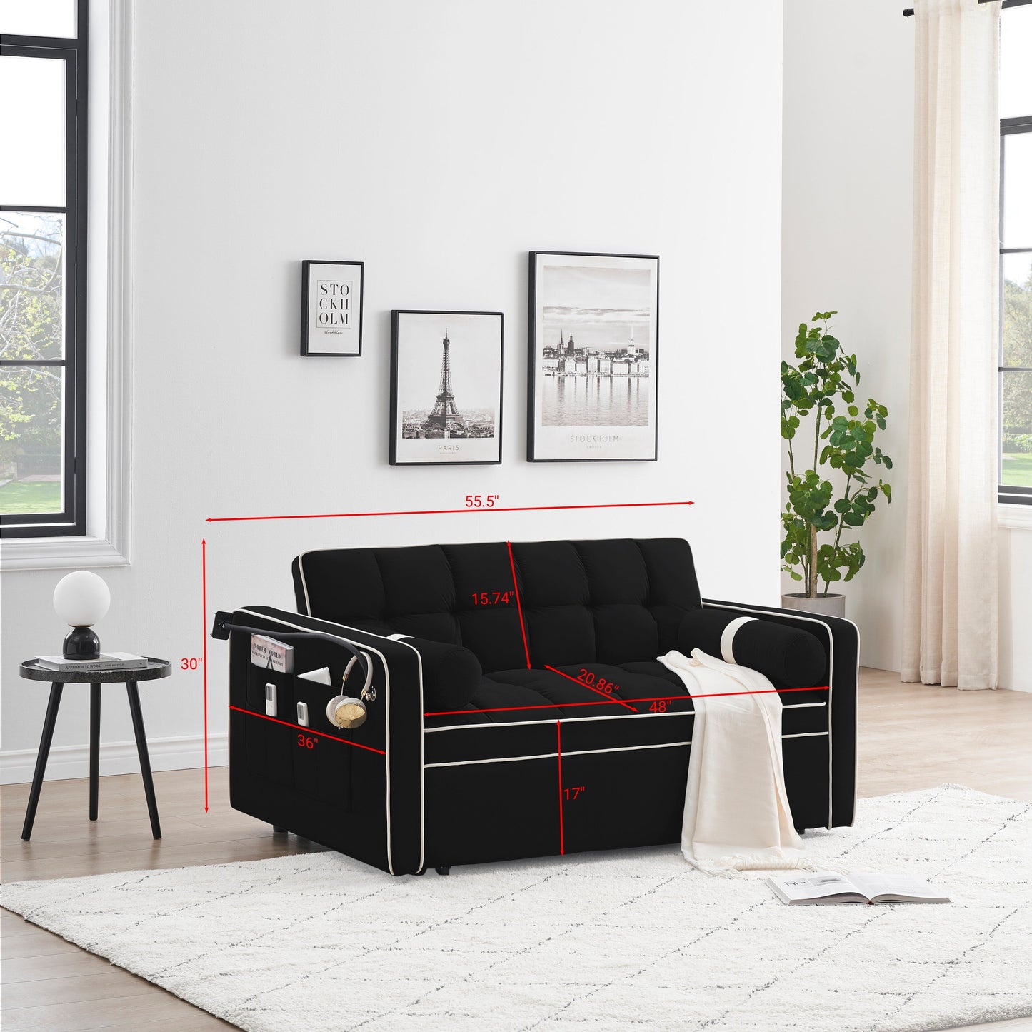 Canapé-lit convertible en velours de 139 cm (55 pouces) à 2 places avec lit escamotable, dossier inclinable, poches latérales et porte-téléphone.