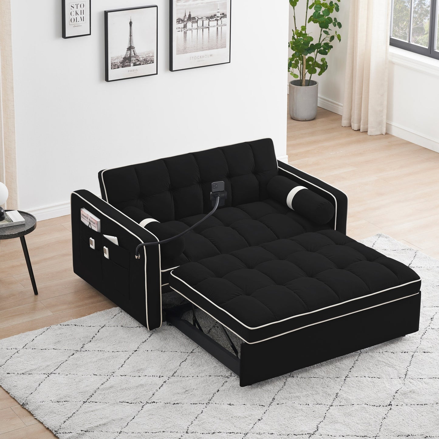Canapé-lit convertible en velours de 139 cm (55 pouces) à 2 places avec lit escamotable, dossier inclinable, poches latérales et porte-téléphone.