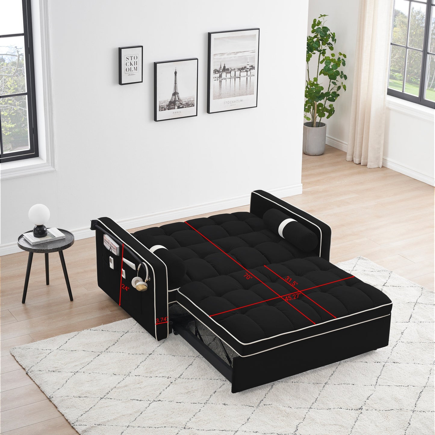 Canapé-lit convertible en velours de 139 cm (55 pouces) à 2 places avec lit escamotable, dossier inclinable, poches latérales et porte-téléphone.