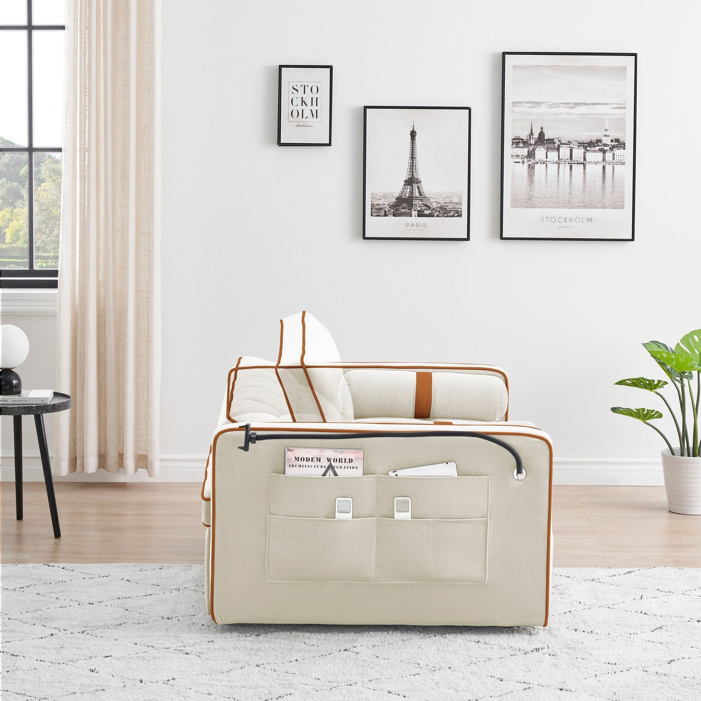Canapé-lit convertible en velours de 139 cm (55 pouces) à 2 places avec lit escamotable, dossier inclinable, poches latérales et porte-téléphone.