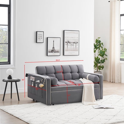 Canapé-lit convertible en velours de 139 cm (55 pouces) à 2 places avec lit escamotable, dossier inclinable, poches latérales et porte-téléphone.